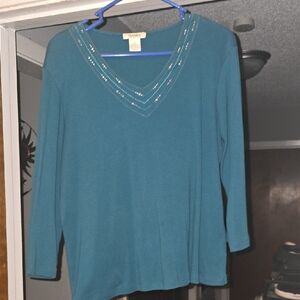 Teal Embellished V-Neck Blouse